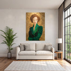 ArtDeco Mosaikportrait Einer Frau Mit Locken Und Grüner Kleidung Vor Goldhintergrund
