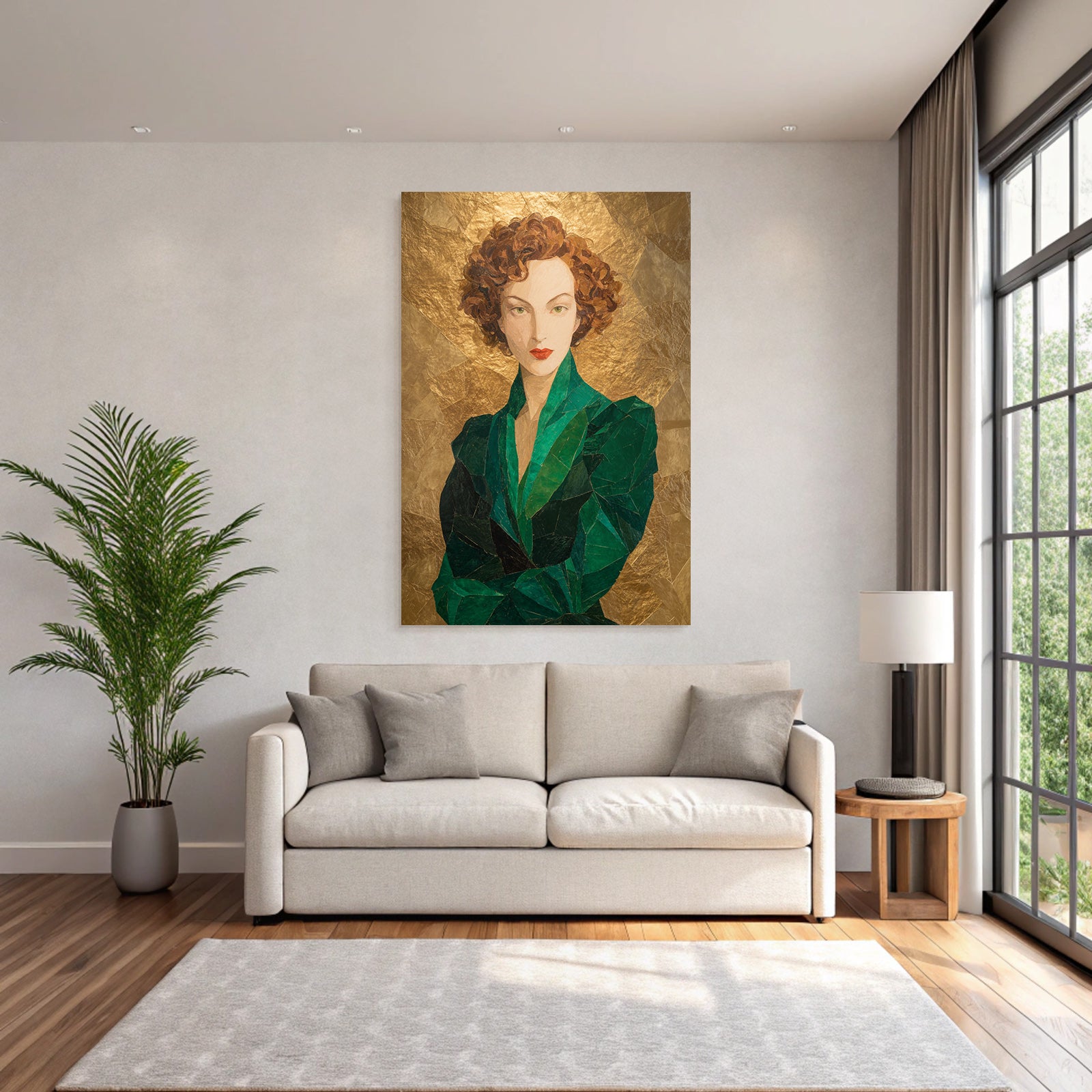 ArtDeco Mosaikportrait Einer Frau Mit Locken Und Grüner Kleidung Vor Goldhintergrund
