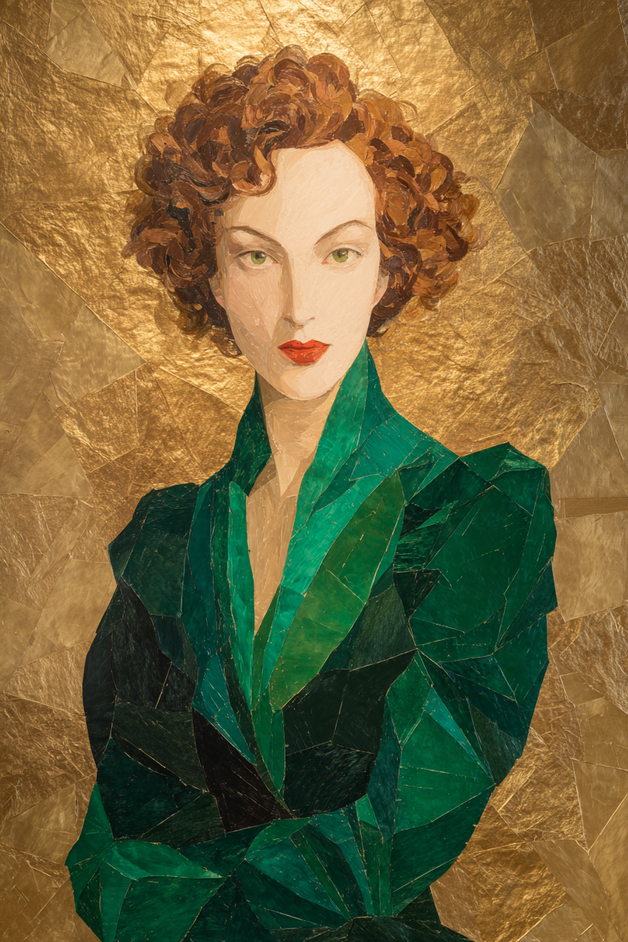 ArtDeco Mosaikportrait Einer Frau Mit Locken Und Grüner Kleidung Vor Goldhintergrund | Art Deco | Stilrichtungen