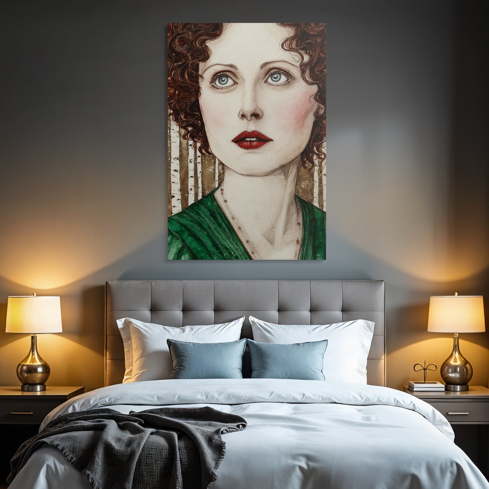 ArtDeco Portrait Einer Frau Mit Lockigem Haar Und Blaün Augen Im Klassischen Grünen Kleid
