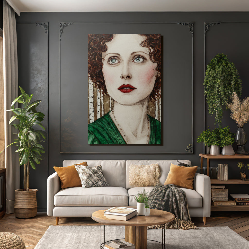 ArtDeco Portrait Einer Frau Mit Lockigem Haar Und Blaün Augen Im Klassischen Grünen Kleid