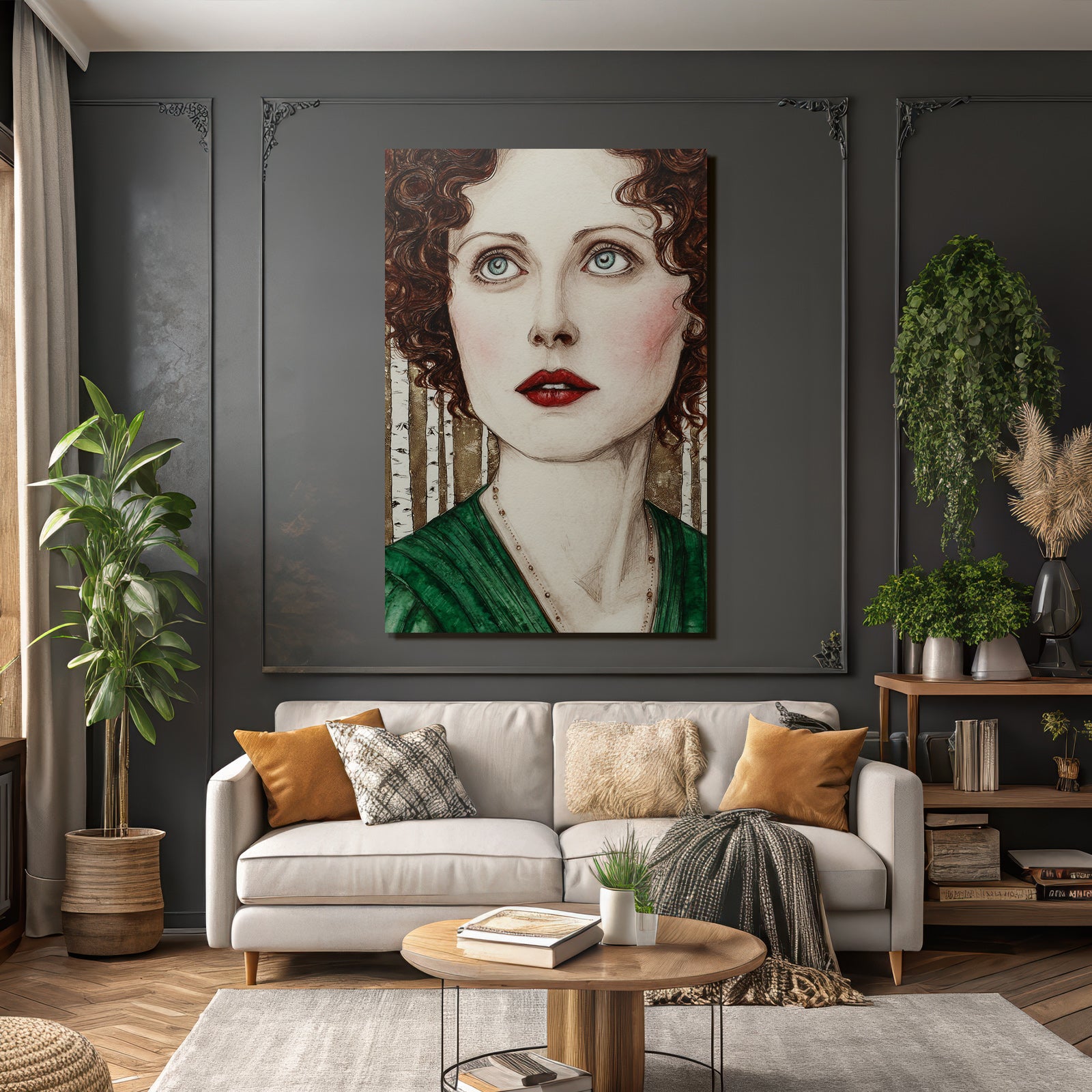 ArtDeco Portrait Einer Frau Mit Lockigem Haar Und Blaün Augen Im Klassischen Grünen Kleid