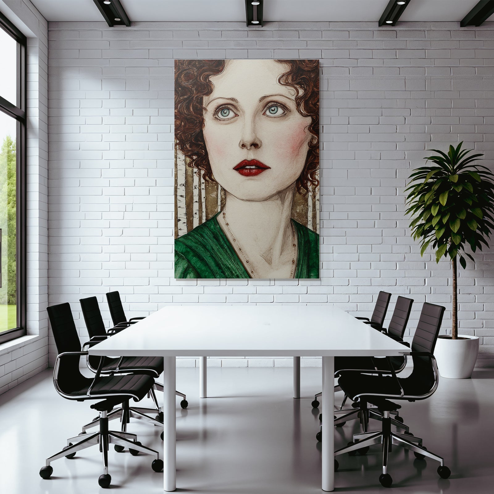 ArtDeco Portrait Einer Frau Mit Lockigem Haar Und Blaün Augen Im Klassischen Grünen Kleid
