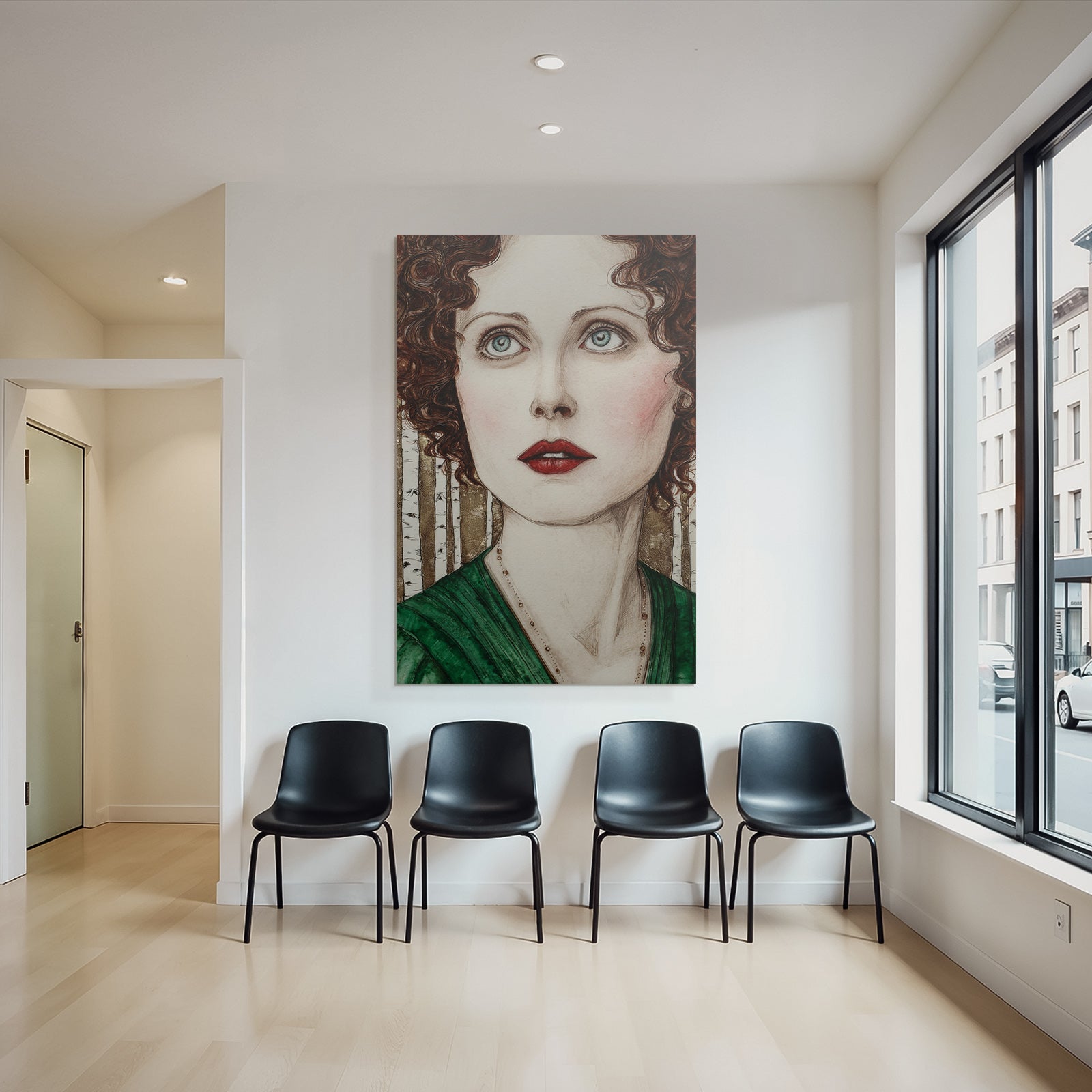 ArtDeco Portrait Einer Frau Mit Lockigem Haar Und Blaün Augen Im Klassischen Grünen Kleid