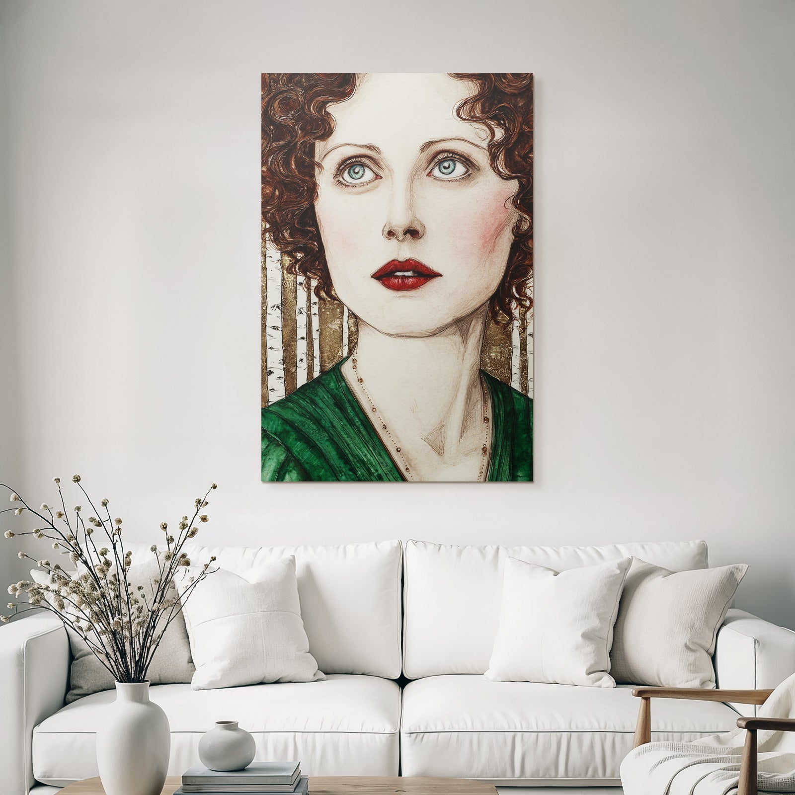ArtDeco Portrait Einer Frau Mit Lockigem Haar Und Blaün Augen Im Klassischen Grünen Kleid