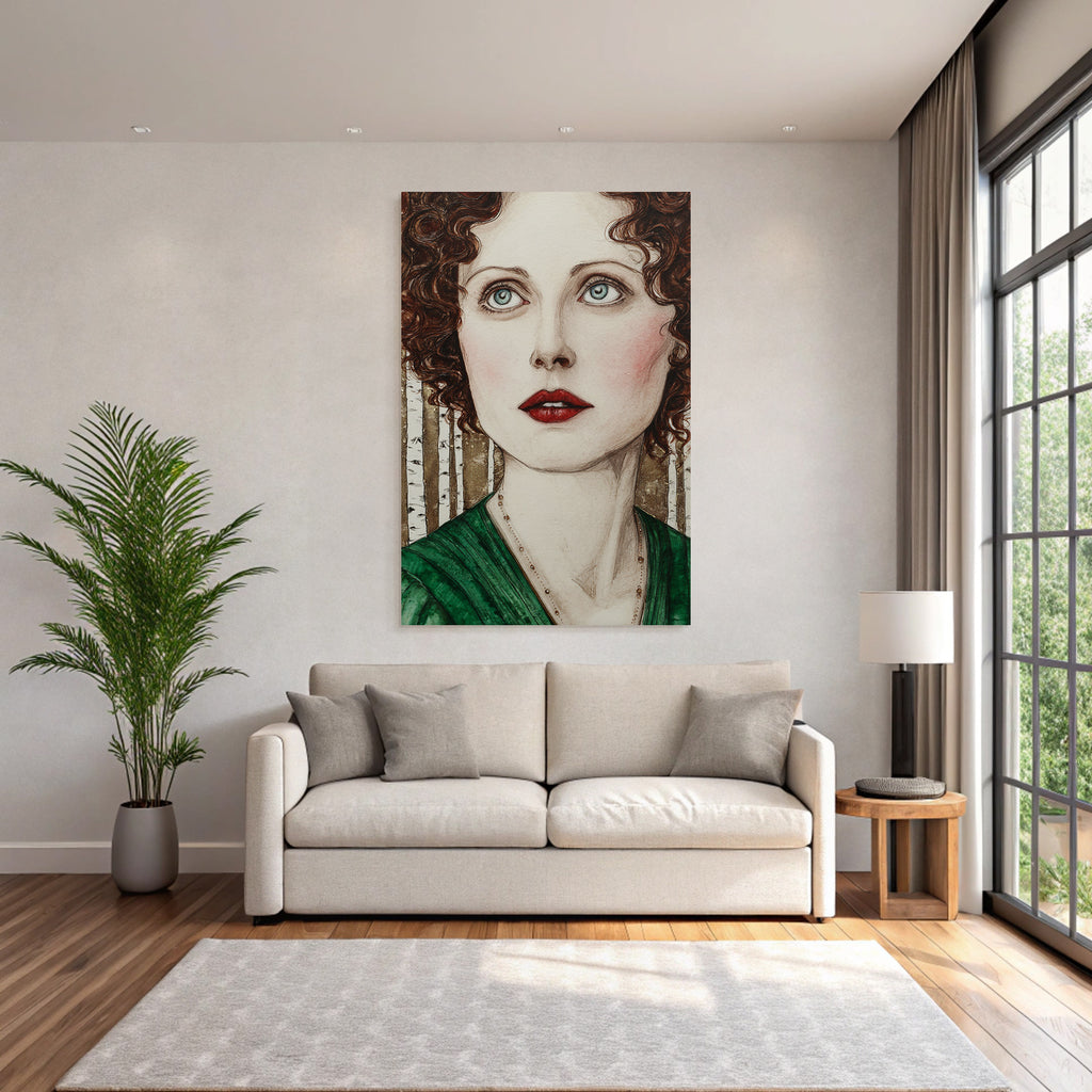 ArtDeco Portrait Einer Frau Mit Lockigem Haar Und Blaün Augen Im Klassischen Grünen Kleid