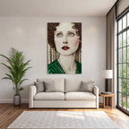 ArtDeco Portrait Einer Frau Mit Lockigem Haar Und Blaün Augen Im Klassischen Grünen Kleid