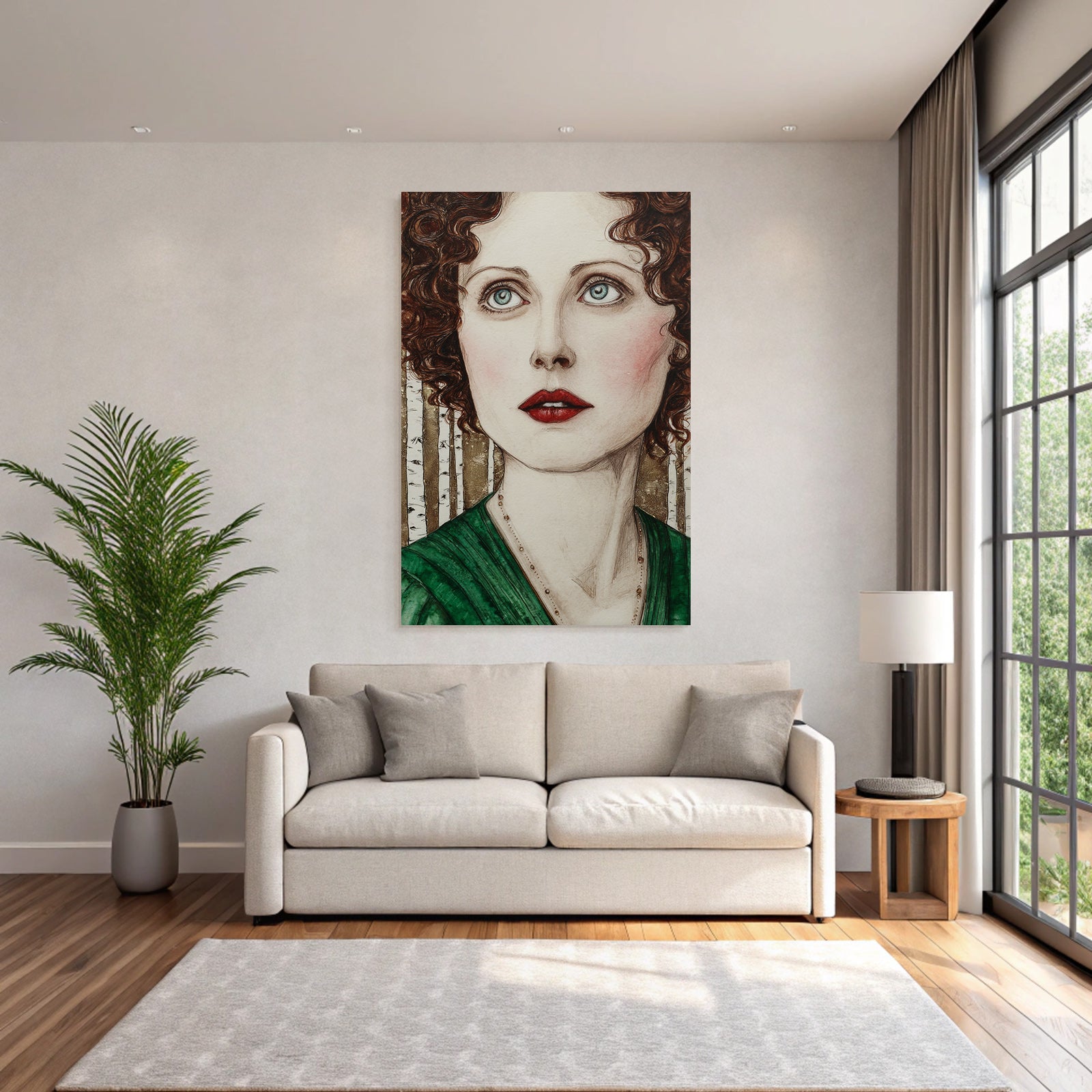 ArtDeco Portrait Einer Frau Mit Lockigem Haar Und Blaün Augen Im Klassischen Grünen Kleid