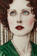 ArtDeco Portrait Einer Frau Mit Lockigem Haar Und Blaün Augen Im Klassischen Grünen Kleid | Art Deco | Stilrichtungen