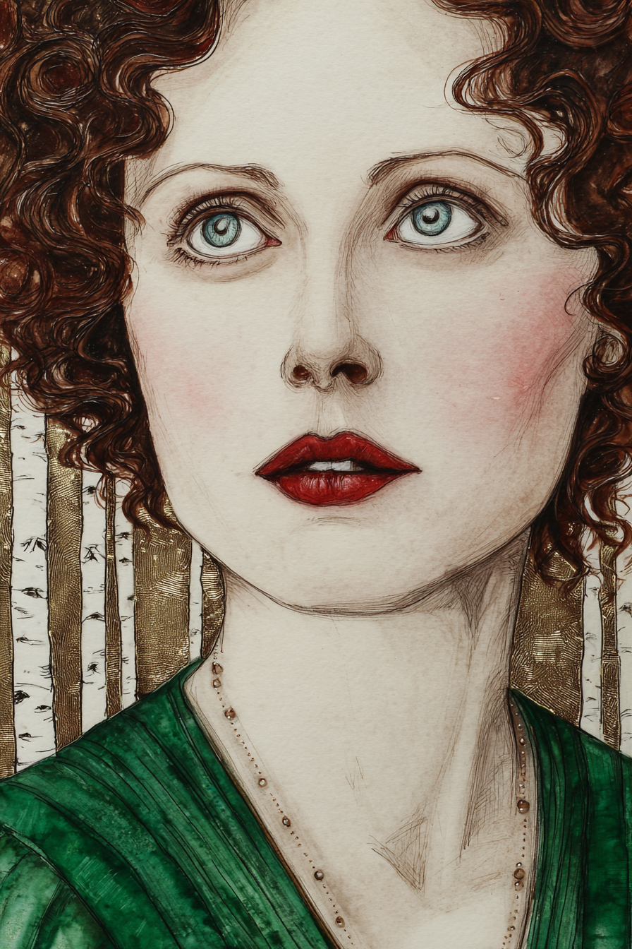 ArtDeco Portrait Einer Frau Mit Lockigem Haar Und Blaün Augen Im Klassischen Grünen Kleid | Art Deco | Stilrichtungen