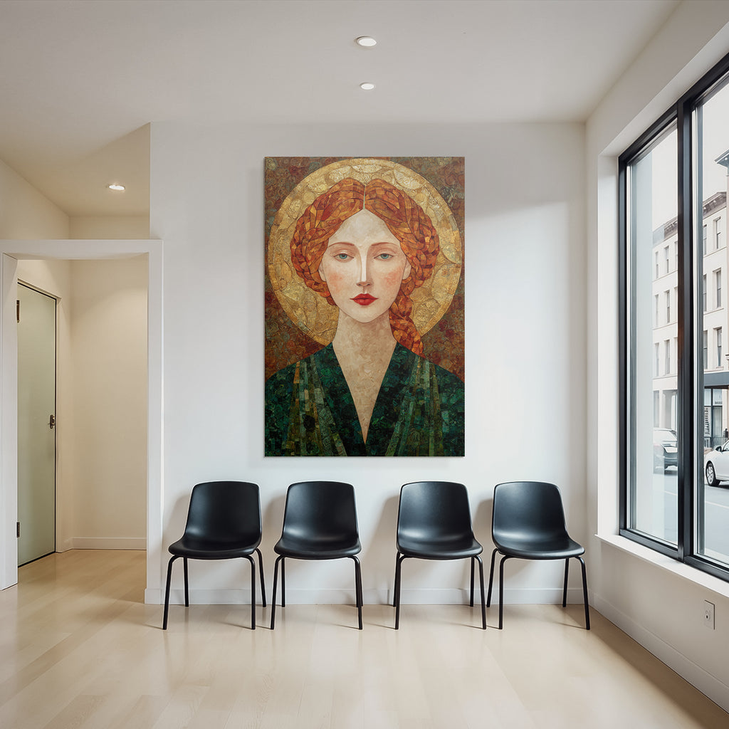 ArtDeco Rote Zopftragende Frau Mit Goldener Heiligenschein Und Mosaikstruktur