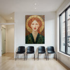 ArtDeco Rote Zopftragende Frau Mit Goldener Heiligenschein Und Mosaikstruktur