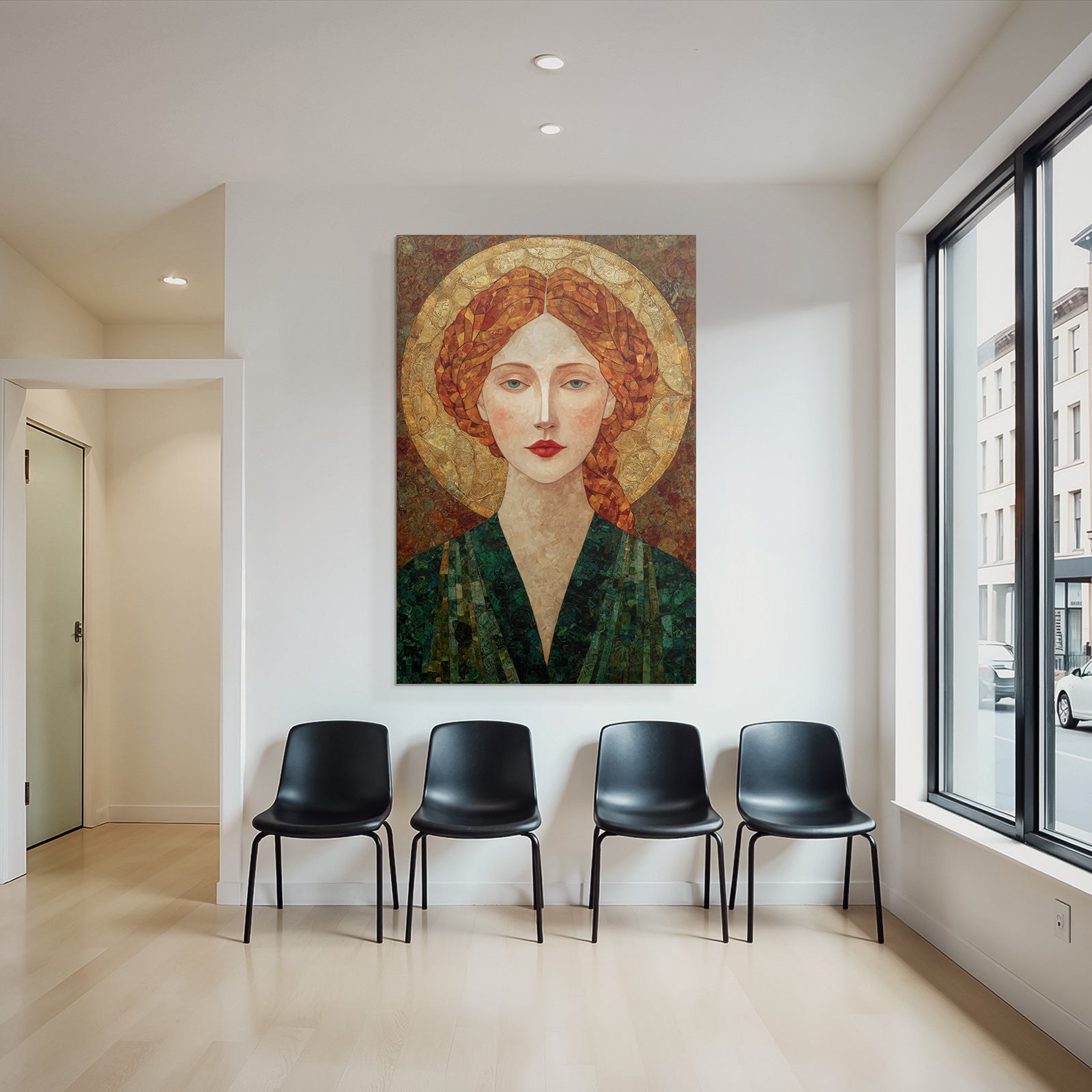 ArtDeco Rote Zopftragende Frau Mit Goldener Heiligenschein Und Mosaikstruktur