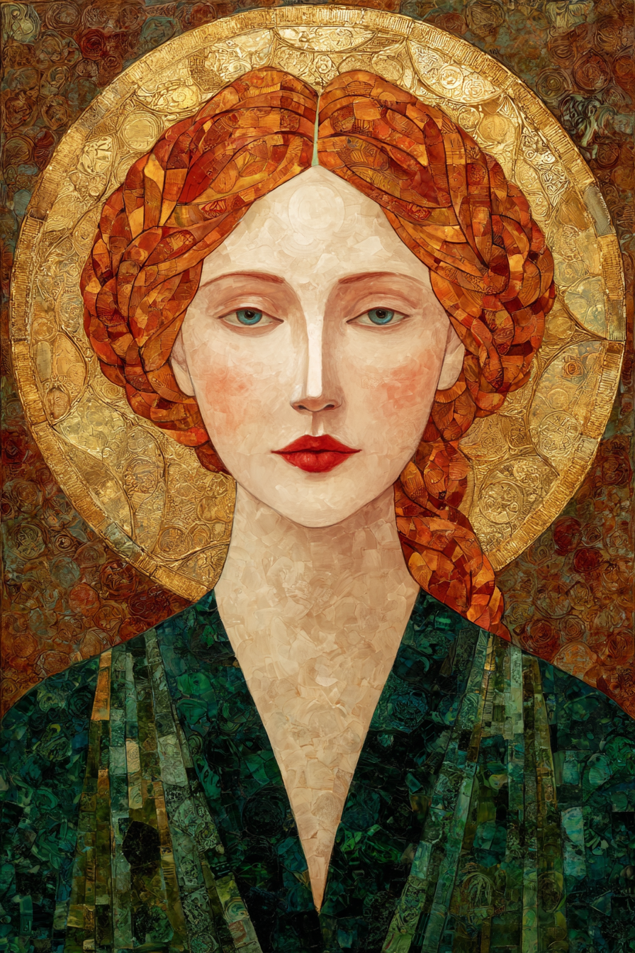 ArtDeco Rote Zopftragende Frau Mit Goldener Heiligenschein Und Mosaikstruktur | Art Deco | Stilrichtungen