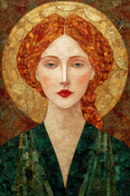 ArtDeco Rote Zopftragende Frau Mit Goldener Heiligenschein Und Mosaikstruktur | Art Deco | Stilrichtungen