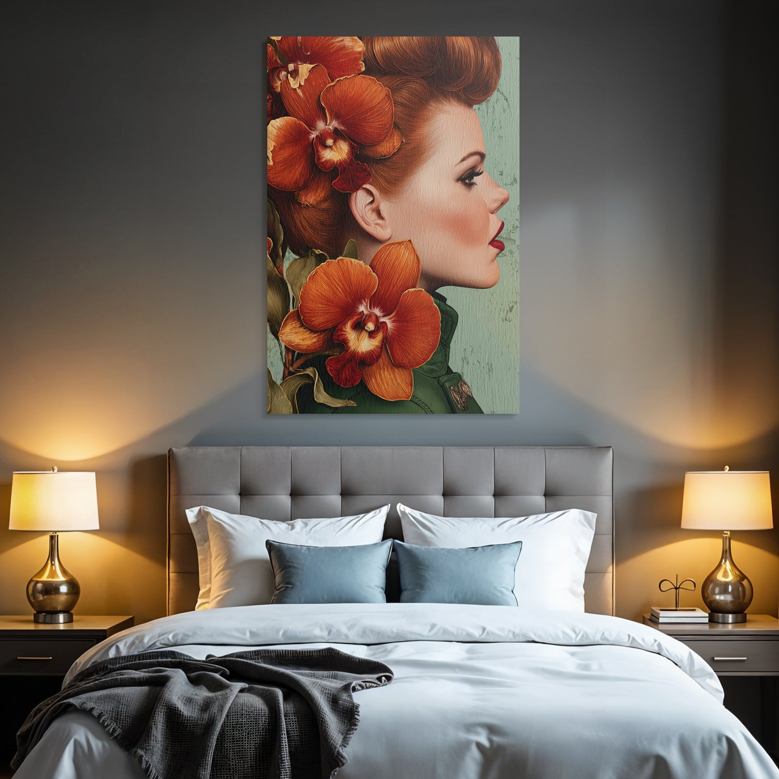 ArtDeco Schone Frau Mit Orchideen Im Haar Und Grünem Hintergrund