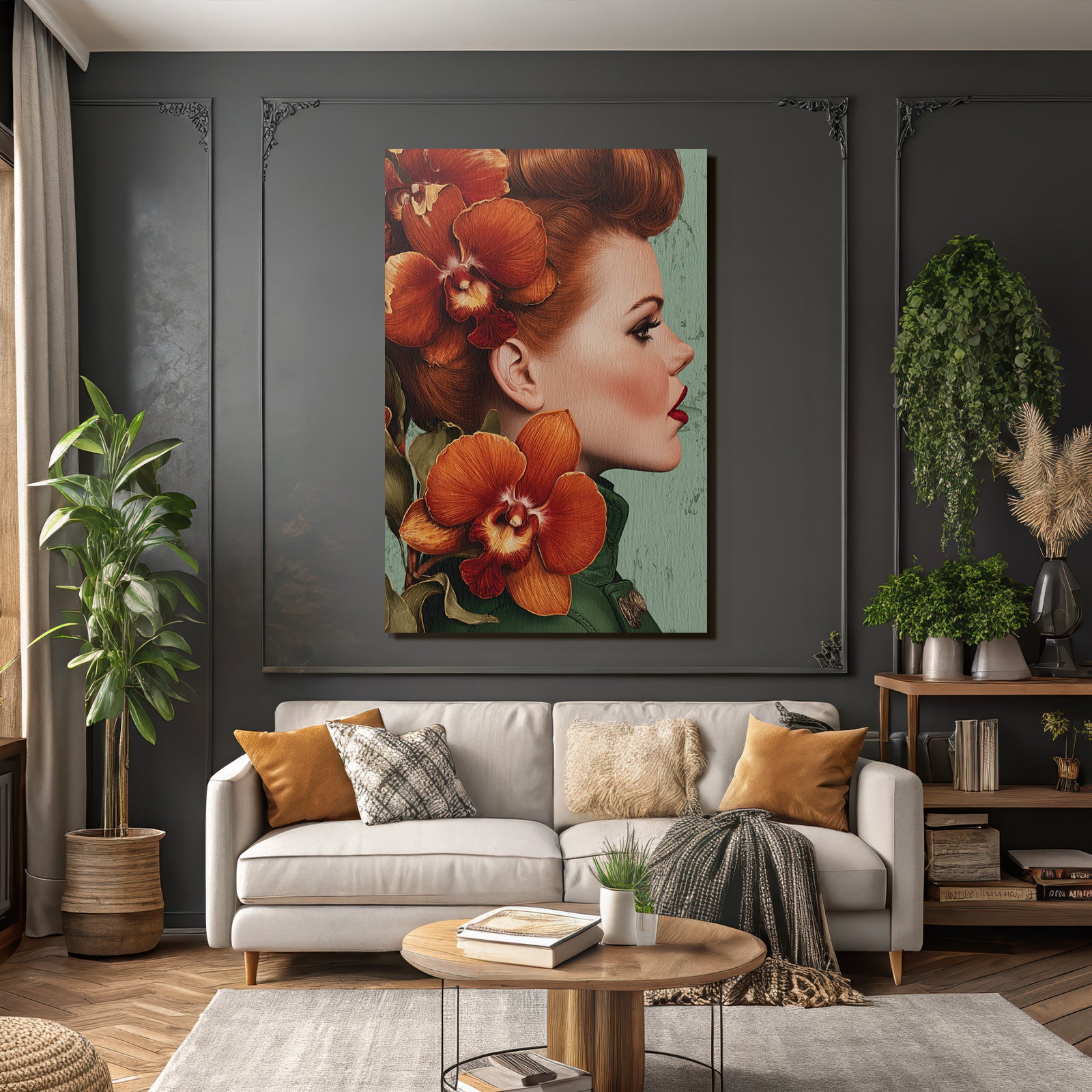 ArtDeco Schone Frau Mit Orchideen Im Haar Und Grünem Hintergrund