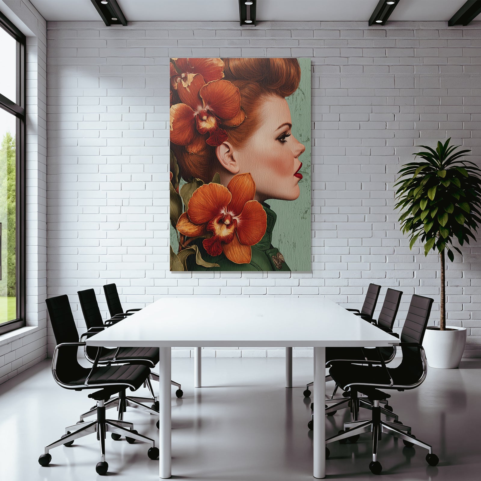 ArtDeco Schone Frau Mit Orchideen Im Haar Und Grünem Hintergrund