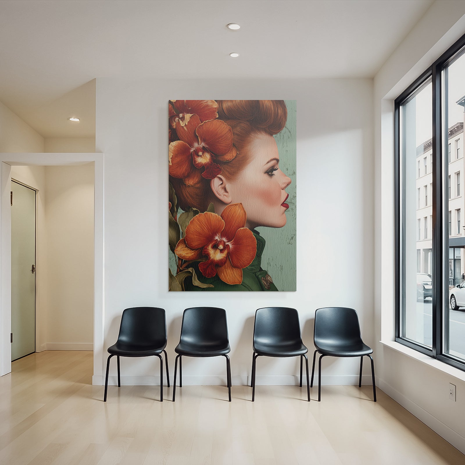 ArtDeco Schone Frau Mit Orchideen Im Haar Und Grünem Hintergrund