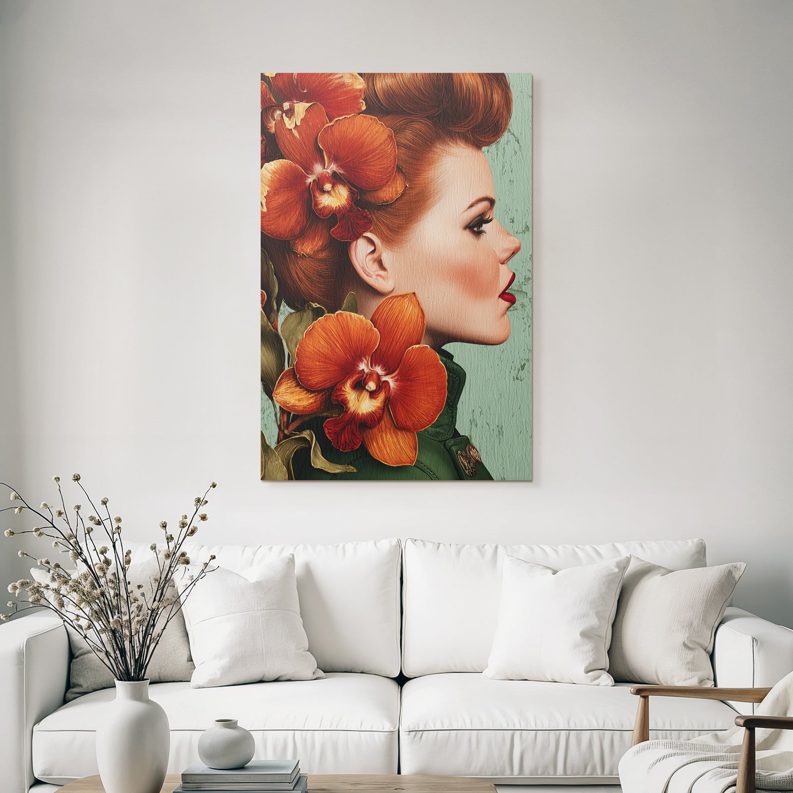 ArtDeco Schone Frau Mit Orchideen Im Haar Und Grünem Hintergrund