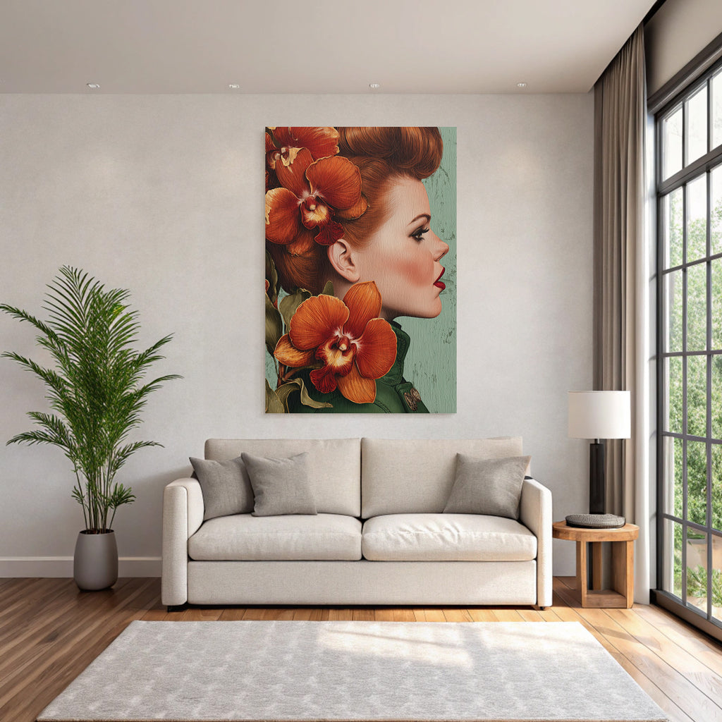 ArtDeco Schone Frau Mit Orchideen Im Haar Und Grünem Hintergrund
