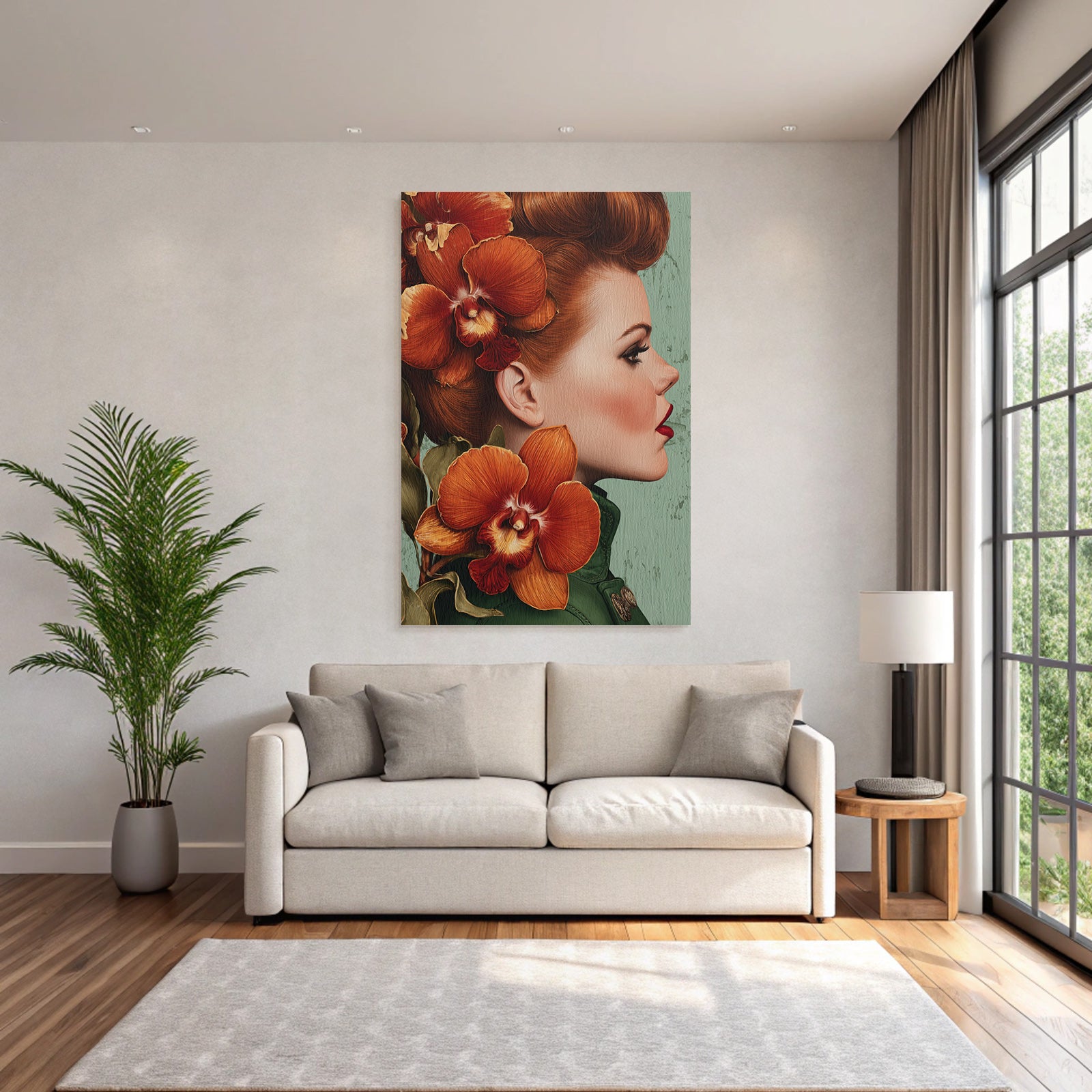ArtDeco Schone Frau Mit Orchideen Im Haar Und Grünem Hintergrund
