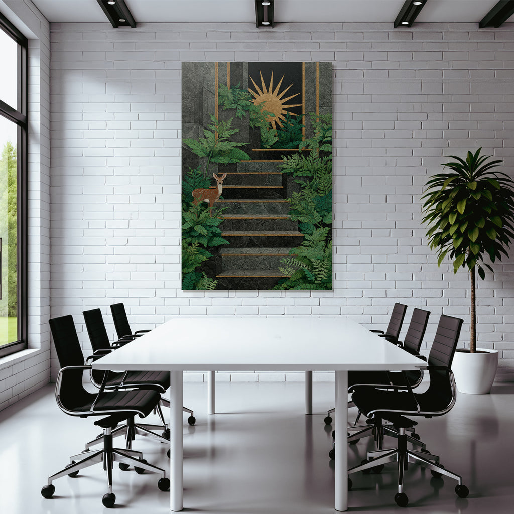 ArtDeco Steintreppe Im Grünen Mit Sonnensymbol Und Reh