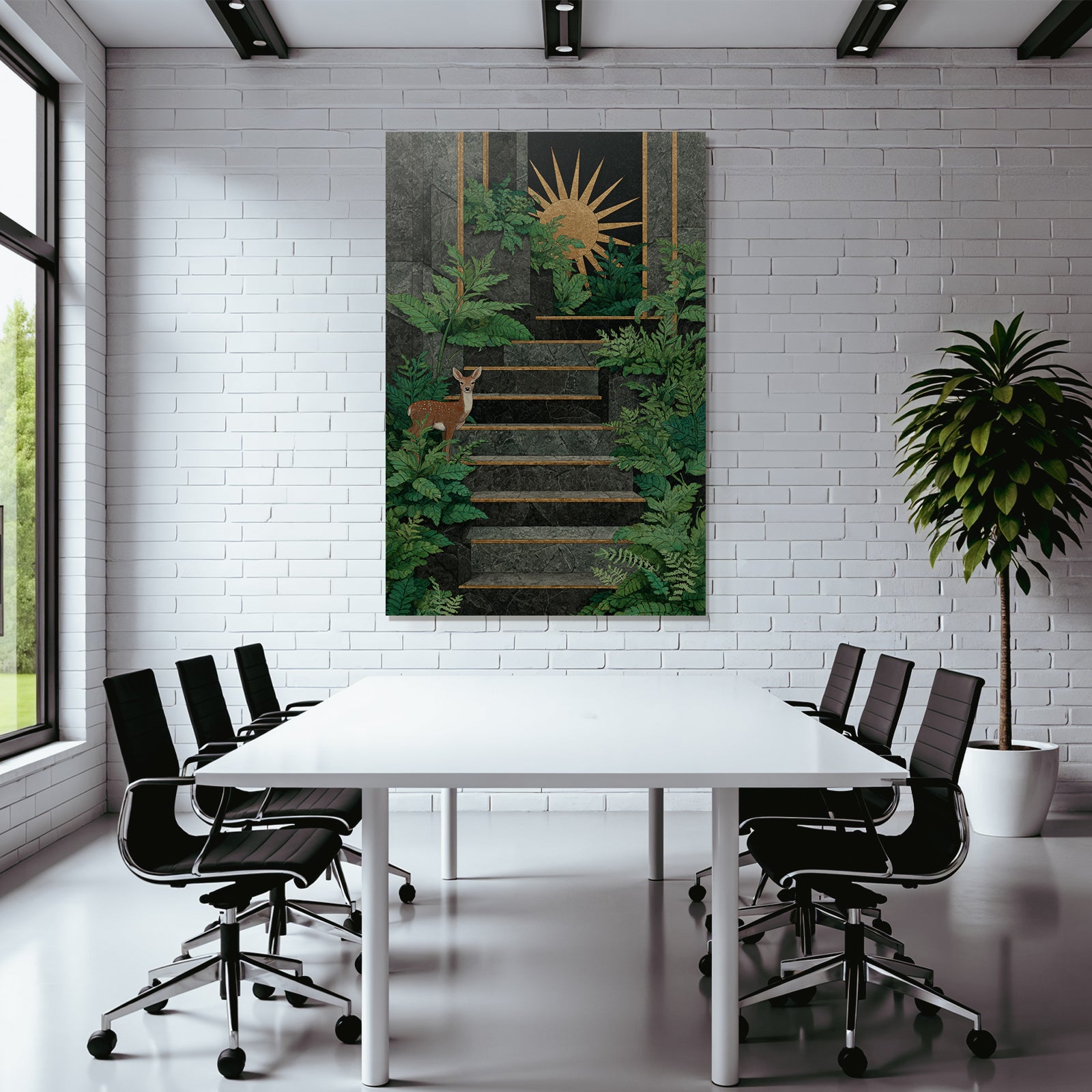 ArtDeco Steintreppe Im Grünen Mit Sonnensymbol Und Reh