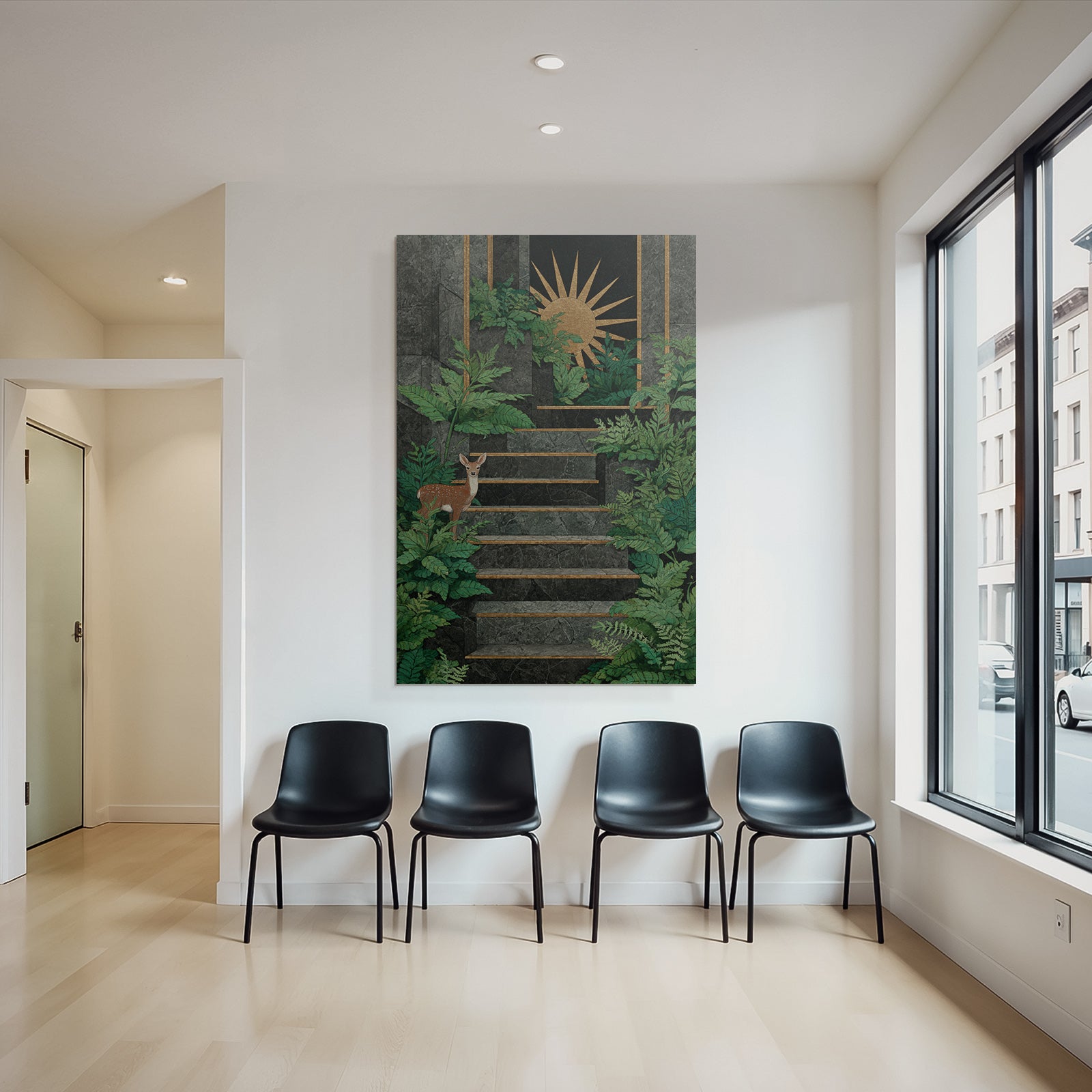 ArtDeco Steintreppe Im Grünen Mit Sonnensymbol Und Reh