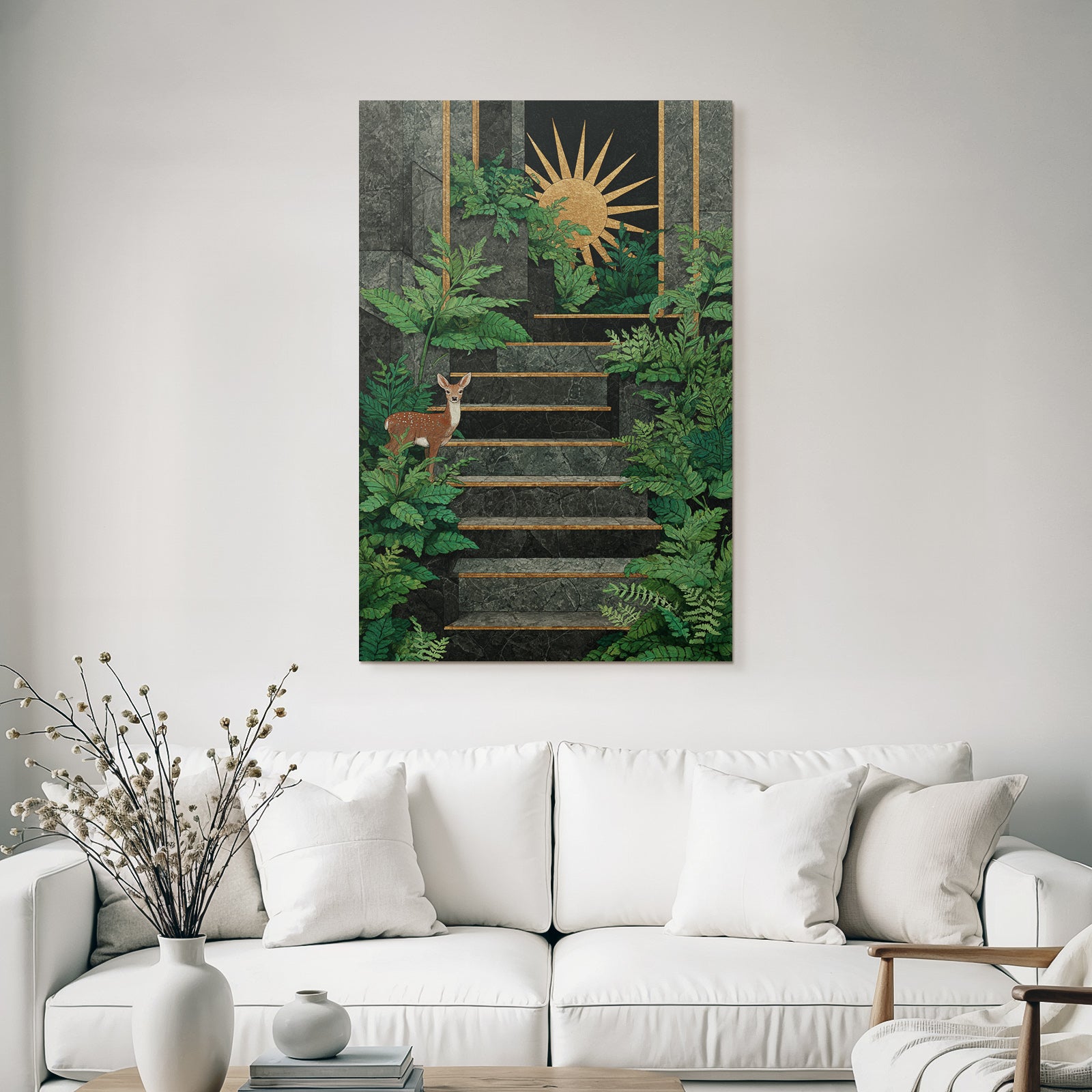ArtDeco Steintreppe Im Grünen Mit Sonnensymbol Und Reh