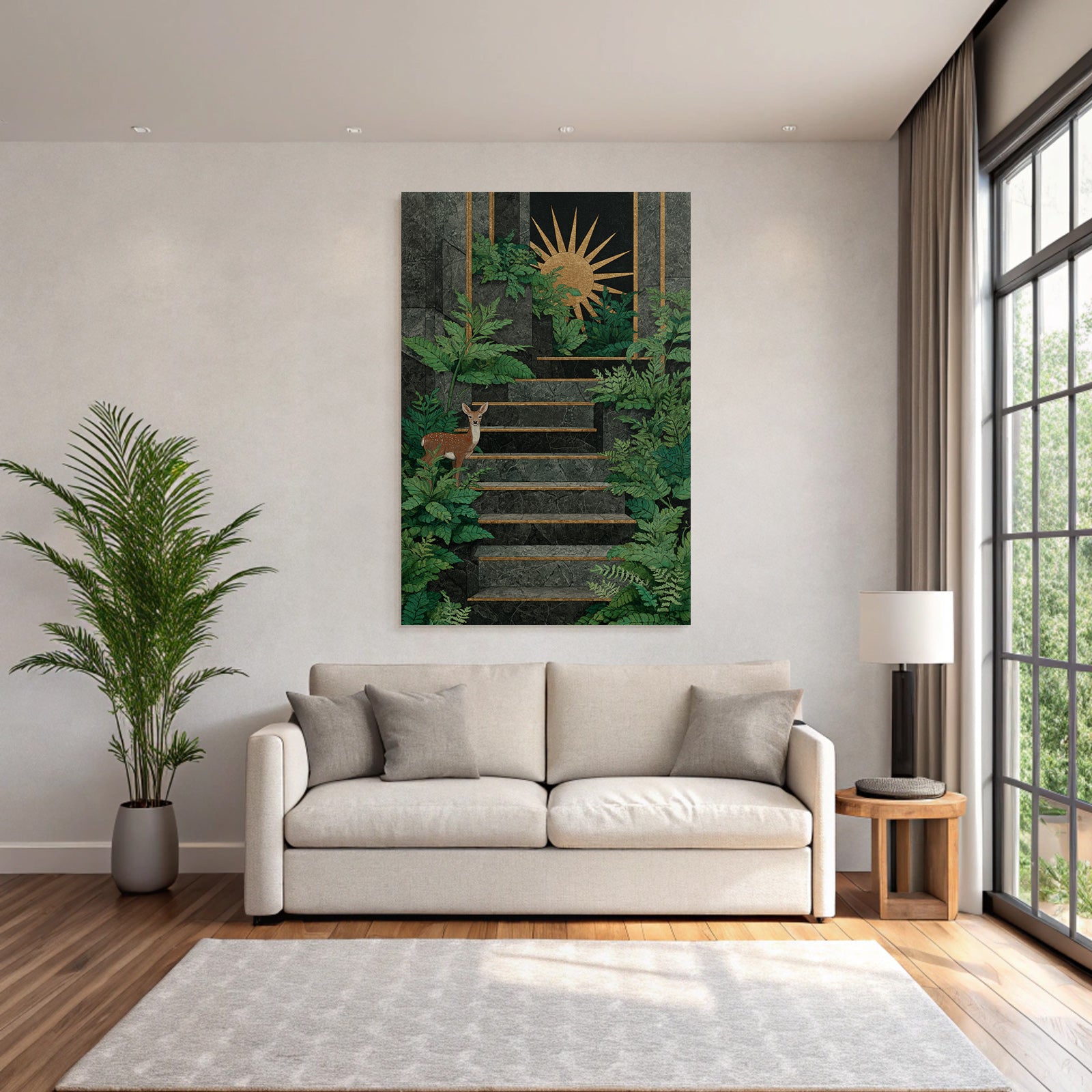 ArtDeco Steintreppe Im Grünen Mit Sonnensymbol Und Reh