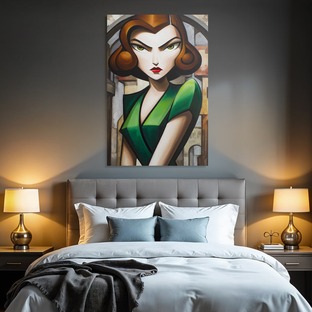ArtDeco Stilisierte Frau In Grünem Kleid Vor Abstrakter Architektur