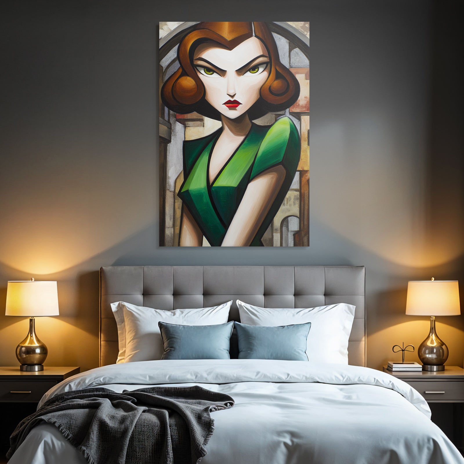 ArtDeco Stilisierte Frau In Grünem Kleid Vor Abstrakter Architektur