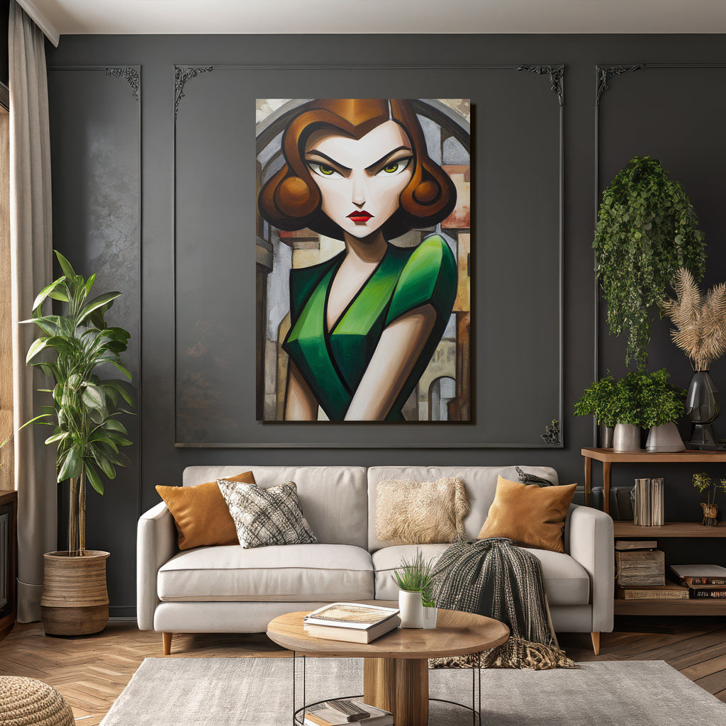 ArtDeco Stilisierte Frau In Grünem Kleid Vor Abstrakter Architektur