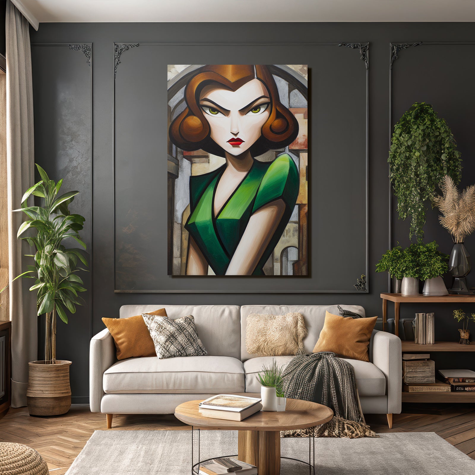 ArtDeco Stilisierte Frau In Grünem Kleid Vor Abstrakter Architektur