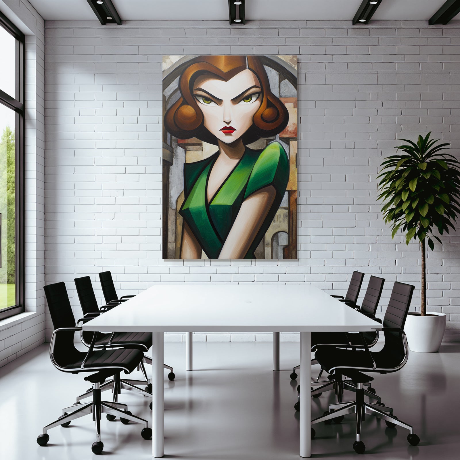 ArtDeco Stilisierte Frau In Grünem Kleid Vor Abstrakter Architektur