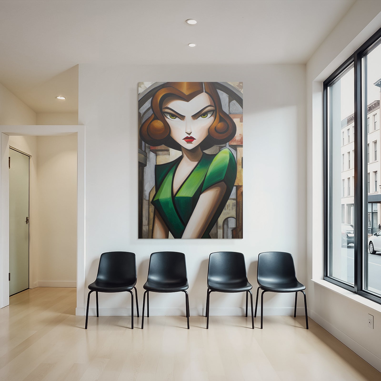 ArtDeco Stilisierte Frau In Grünem Kleid Vor Abstrakter Architektur