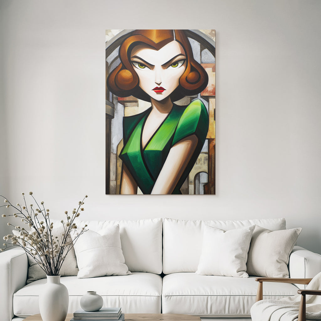 ArtDeco Stilisierte Frau In Grünem Kleid Vor Abstrakter Architektur