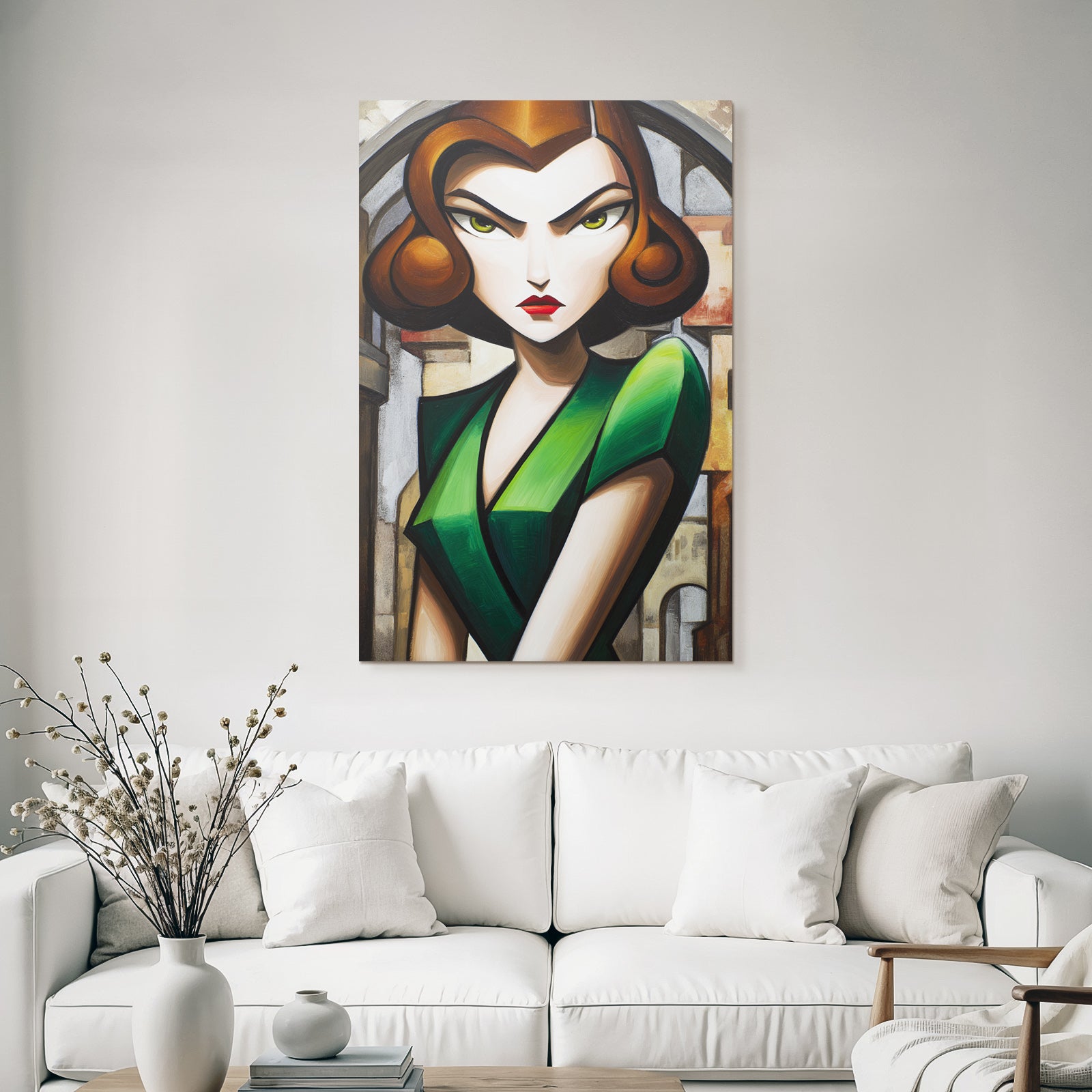 ArtDeco Stilisierte Frau In Grünem Kleid Vor Abstrakter Architektur