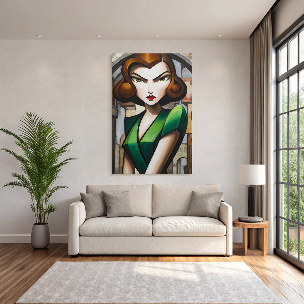 ArtDeco Stilisierte Frau In Grünem Kleid Vor Abstrakter Architektur