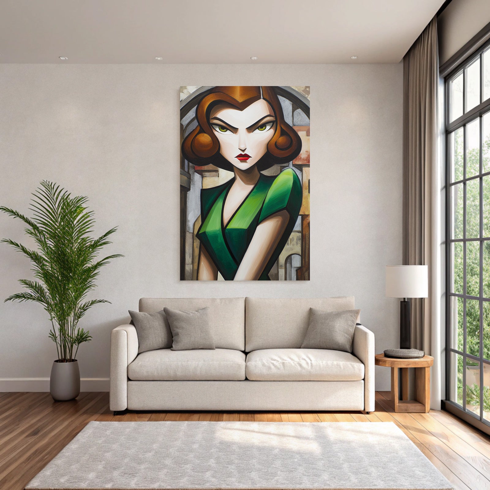 ArtDeco Stilisierte Frau In Grünem Kleid Vor Abstrakter Architektur