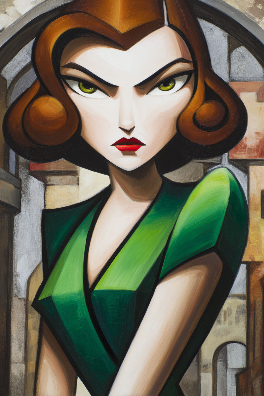ArtDeco Stilisierte Frau In Grünem Kleid Vor Abstrakter Architektur | Art Deco | Stilrichtungen