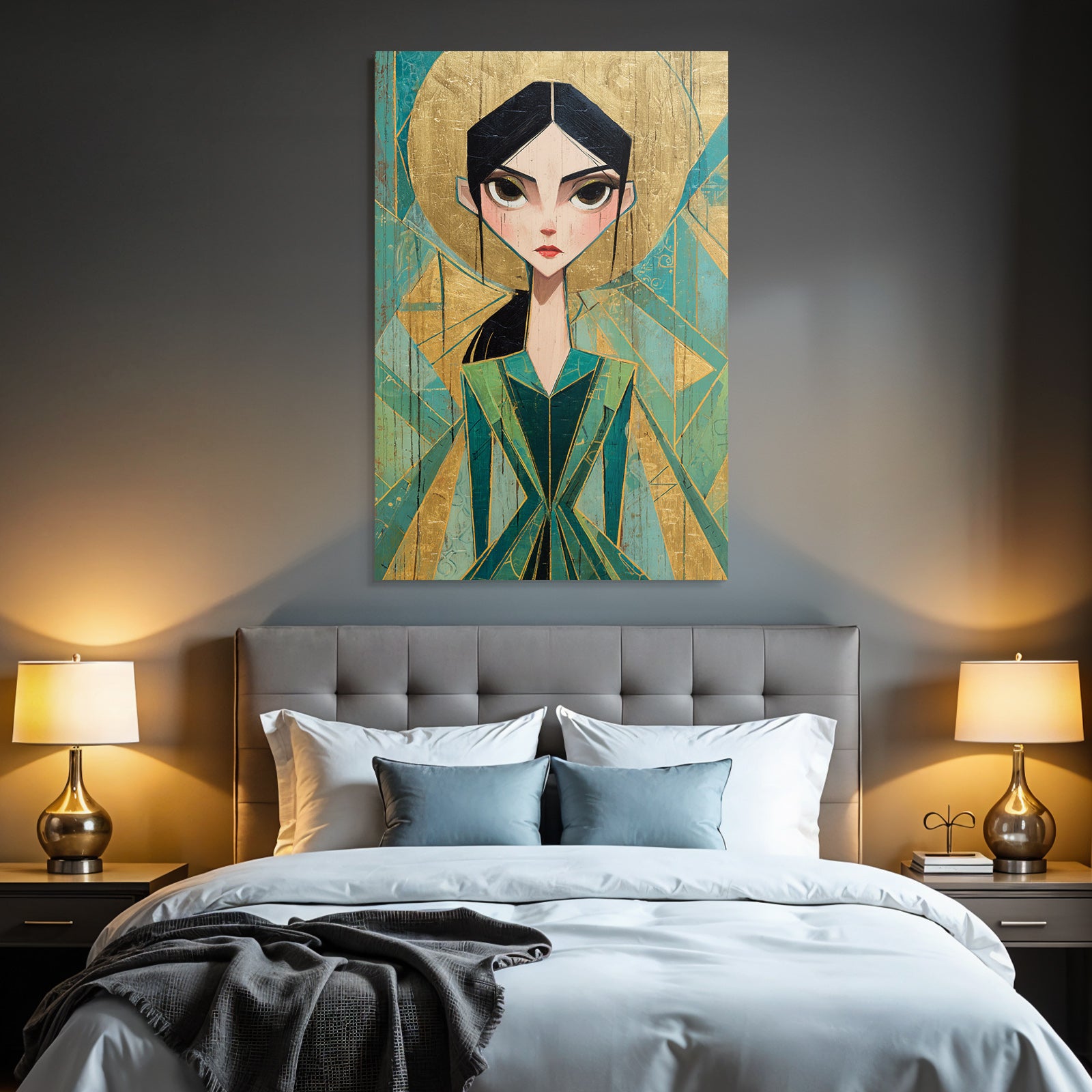 ArtDeco Stilisiertes Fraünporträt Mit Grünem Kleid Und Gold Türkis Hintergrund