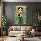 ArtDeco Stilisiertes Fraünporträt Mit Grünem Kleid Und Gold Türkis Hintergrund