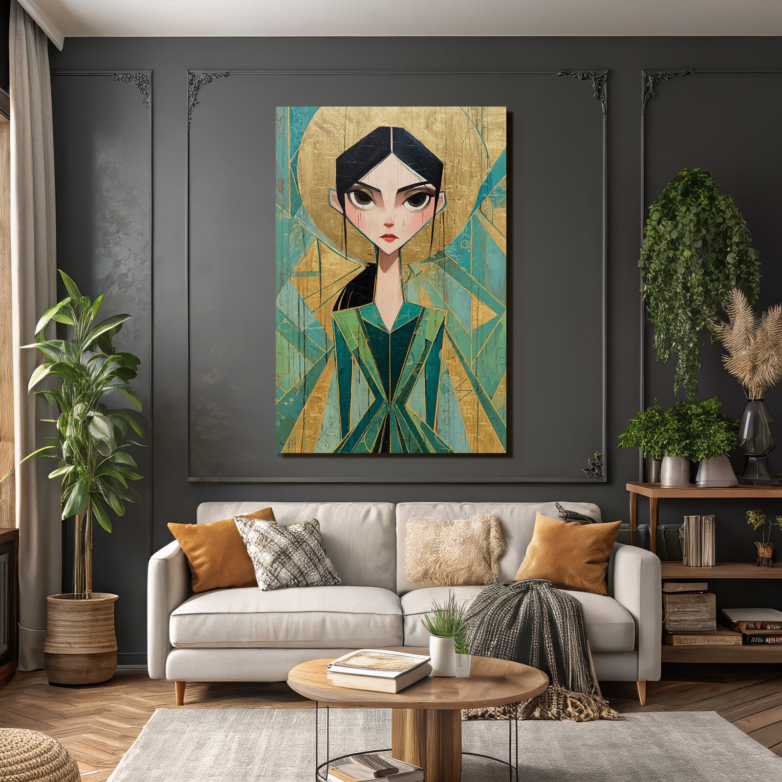 ArtDeco Stilisiertes Fraünporträt Mit Grünem Kleid Und Gold Türkis Hintergrund