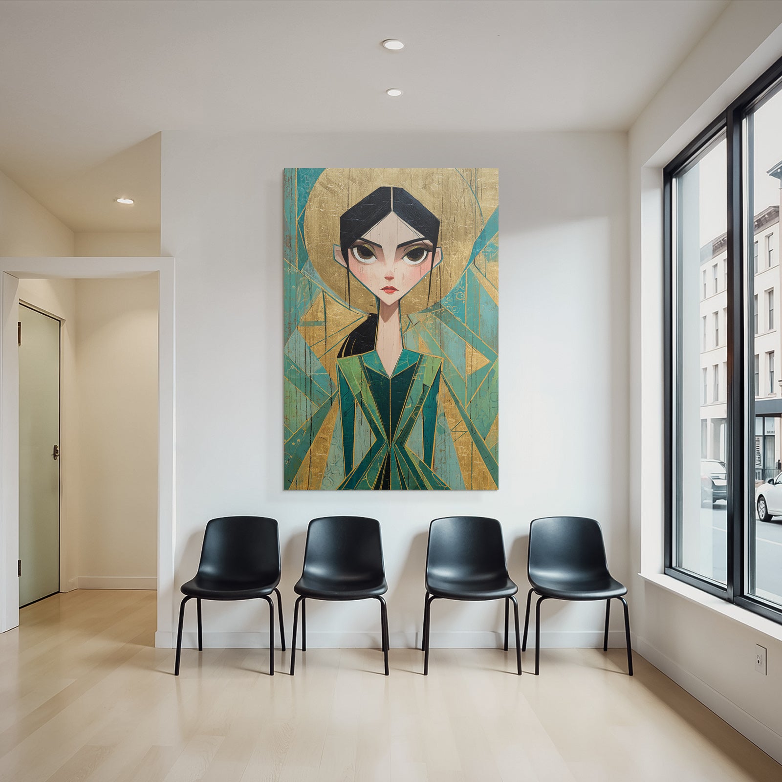 ArtDeco Stilisiertes Fraünporträt Mit Grünem Kleid Und Gold Türkis Hintergrund