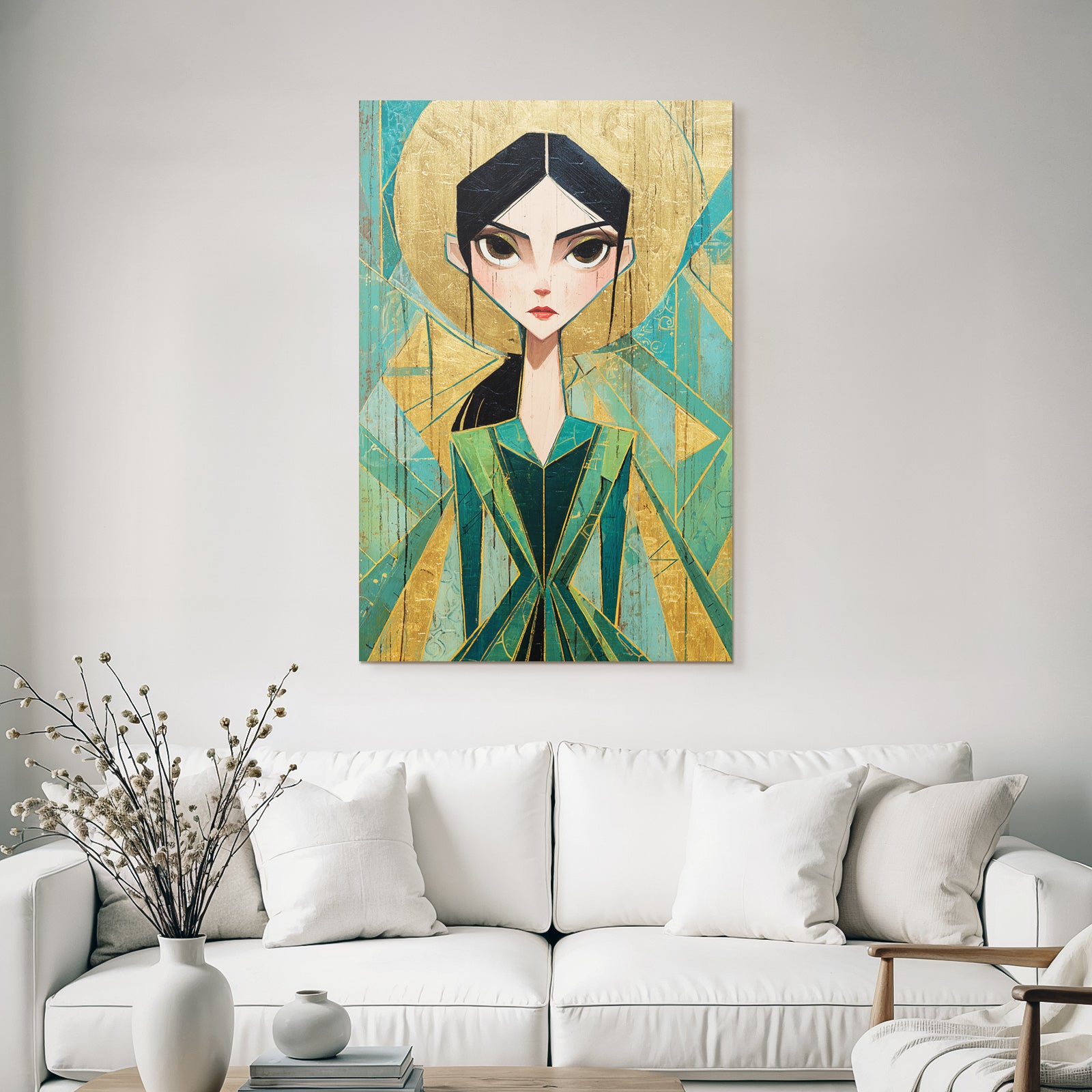 ArtDeco Stilisiertes Fraünporträt Mit Grünem Kleid Und Gold Türkis Hintergrund