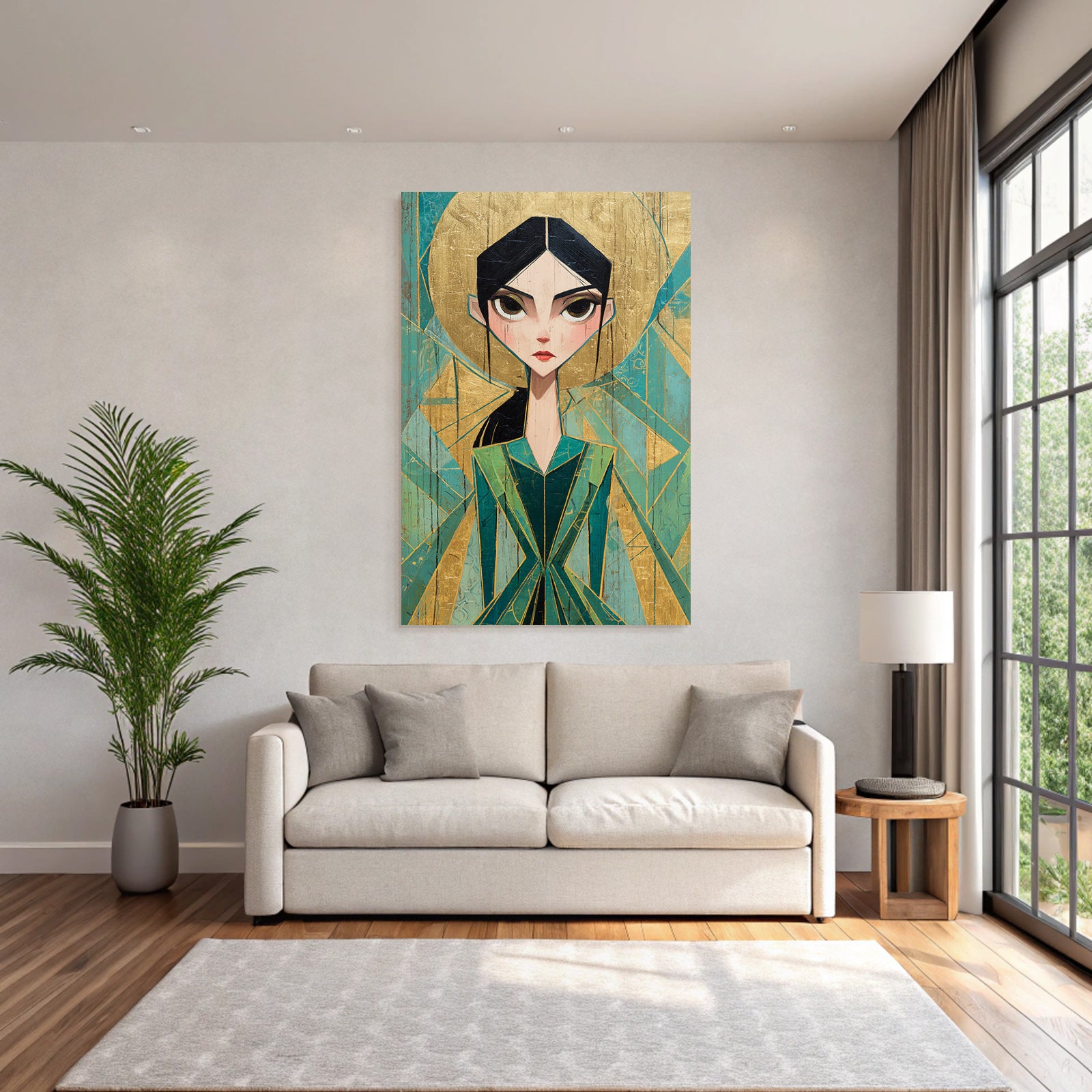 ArtDeco Stilisiertes Fraünporträt Mit Grünem Kleid Und Gold Türkis Hintergrund