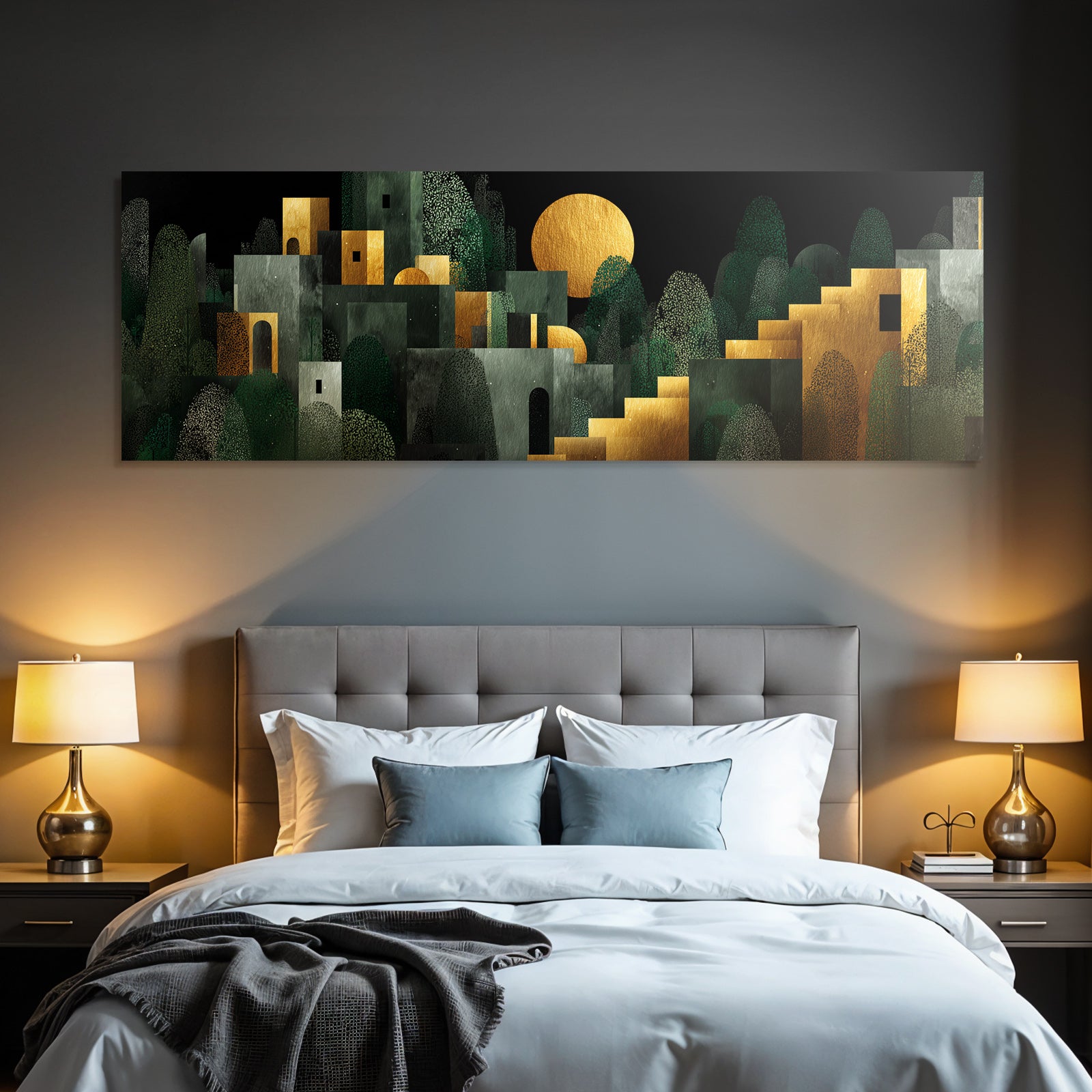 ArtDeco Abstrakte Landschaft Mit Geometrischen Gebaeuden Und Sonnensymbol