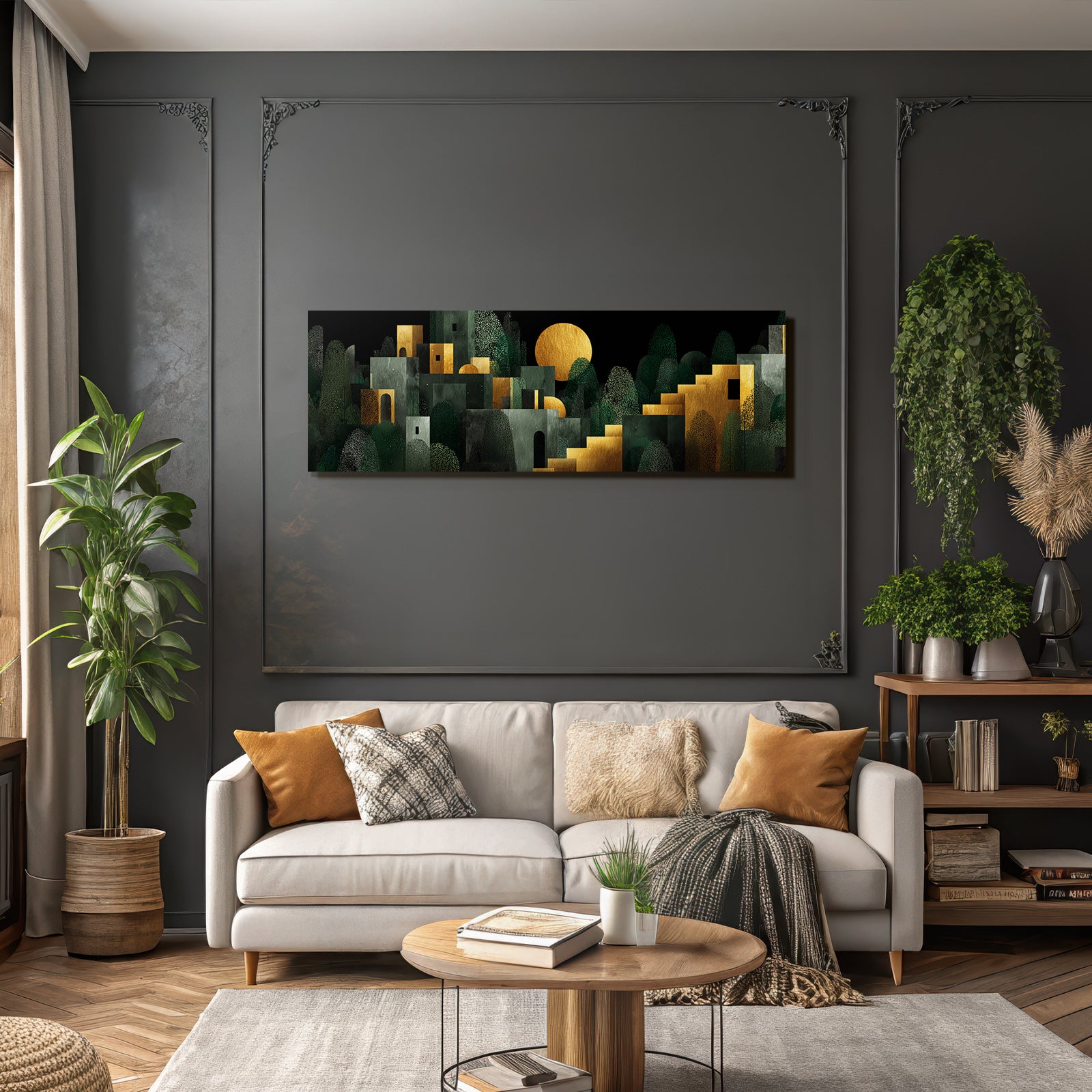 ArtDeco Abstrakte Landschaft Mit Geometrischen Gebaeuden Und Sonnensymbol